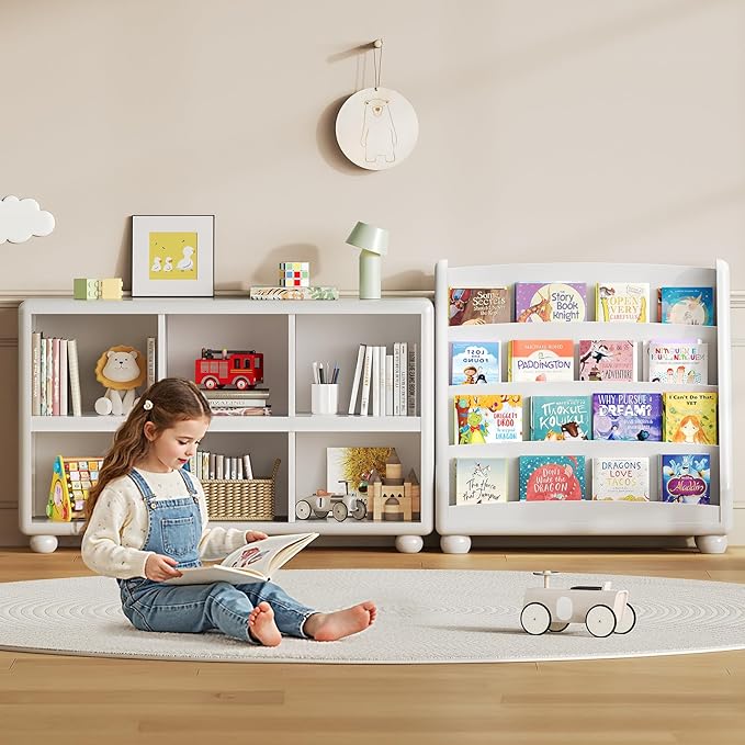 ONBRILL 4-Tier Kids Bookshelf, Montessori Shelf for Kids Rooms, Toddler Book Rack Organizer and Storage, Wooden Baby Bookshelf for Classrooms Nursery Playrooms