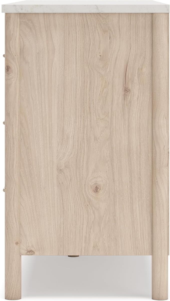 Signature Design by Ashley Cadmori Casual Bohemian Dresser with Post Legs and 6 Drawers, Replicated Marble Top, Wood, 35" High, White and Light Brown Finish