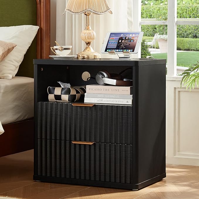 LEYAOYAO Fluted Farmhouse Nightstand Set of 2 with Charging Station, 23" Wide 2 Drawers End Table,Black Dresser for Bedroom,Bed Side Table Chest of Drawers Cabinet,Wood Night Stand for Living Room