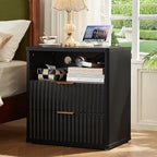 LEYAOYAO Fluted Farmhouse Nightstand Set of 2 with Charging Station, 23" Wide 2 Drawers End Table,Black Dresser for Bedroom,Bed Side Table Chest of Drawers Cabinet,Wood Night Stand for Living Room