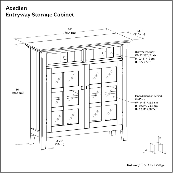 SIMPLIHOME Acadian SOLID WOOD 36 Inch Wide Rustic Entryway Hallway Storage Cabinet in Fog Grey, For the Living Room, Entryway and Family Room