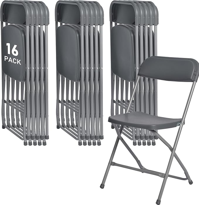 SEALAMB Plastic Folding Chairs 16 Pack, Gray Commercial Portable Indoor/Outdoor Chairs for Home Office, Wedding, Events Parties with Steel Frame, 350lbs Capacity (Gray-Plastic, 16 Pack)
