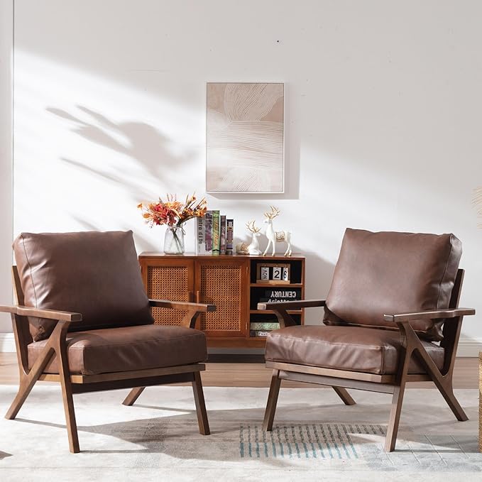 Wahson Brown Leather Accent Chair Mid Century Modern Chair, Retro Upholstered Armchair with Wood Frame and Removable PU Cushions, Large Compfy Leisure Slipper Chair for Living Room/Bedroom