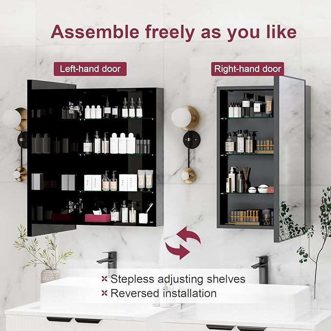 Black Medicine Cabinet Mirror, 17x30 Inch Bathroom Mirror with Storage and Adjustable Shelves, Recessed or Surface Wall Mount Medicine Cabinets for Bathroom,Tempered Glass