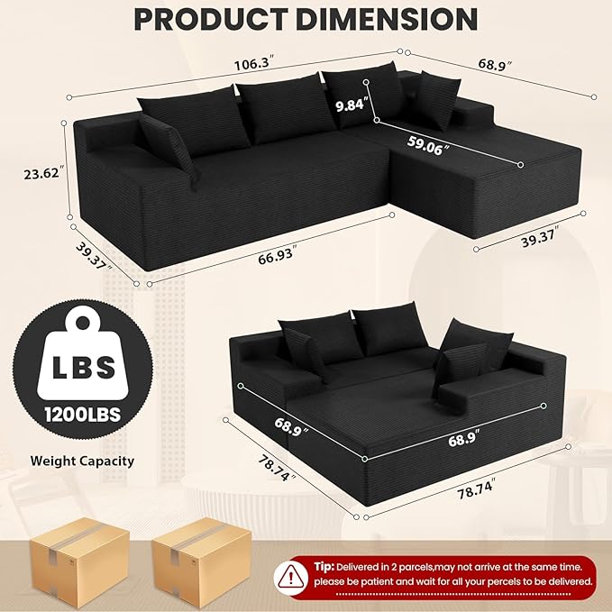 LEVELEVE 107" Cloud Sectional Couch with Deep Seat，Modern Modular Sofa with L-Shape Chaise，No Assembly Required, Upholstered Couches for Living Room Bedroom(Black,Right Facing Chaise)