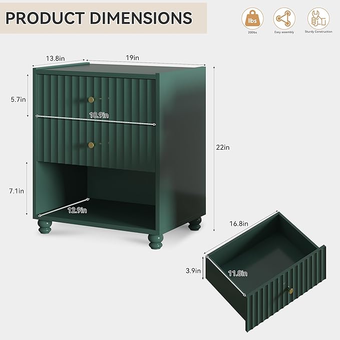 Modern Nightstand, Fluted End Table with 2 Drawers, Nightstand with Open Shelf for Bedroom (1, Green)