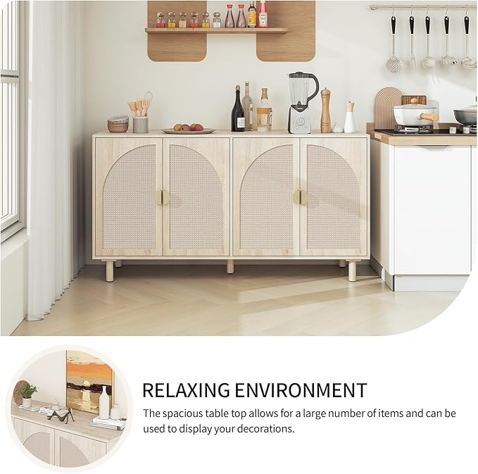 Beige Sideboard Cabinet with 4 Rattan Doors, Rattan Buffet Cabinet with Adjustable Shelves & Pine Legs, Boho Sideboard Buffet for Living Room, Kitchen, Entryway, Beige