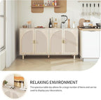 Beige Sideboard Cabinet with 4 Rattan Doors, Rattan Buffet Cabinet with Adjustable Shelves & Pine Legs, Boho Sideboard Buffet for Living Room, Kitchen, Entryway, Beige