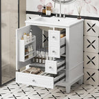 24 Inch Bathroom Vanity with Sink, Freestanding Bathroom Sink Cabinet with 3 Drawers and Storage Door Rack Organizer, Solid Wood Legs, White