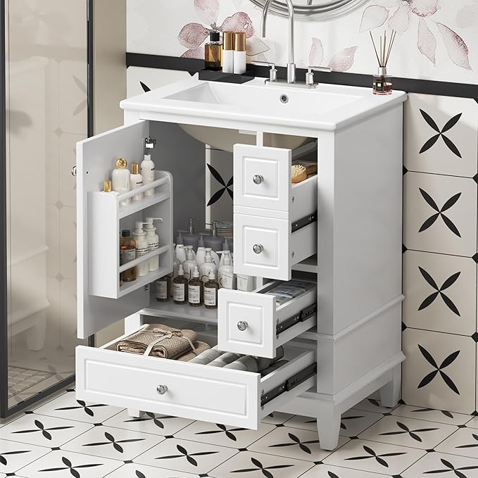 24 Inch Bathroom Vanity with Sink, Freestanding Bathroom Sink Cabinet with 3 Drawers and Storage Door Rack Organizer, Solid Wood Legs, White