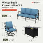 Patio Furniture Set, 4 Pcs Metal Outdoor Conversation Set, 2 Swivel Chairs and 3 Seater Sofa with 5.75" Extra Thick Cushion and Gas Fire Pit Table for Backyard Deck, Navy Blue