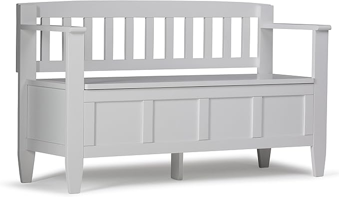 SIMPLIHOME Brooklyn Entryway Storage Bench - 48 inch Wide Solid Wood Storage Seat in White, Contemporary Bench for Entryway or Living Room with Lift-Up Lid and Slatted Backrest