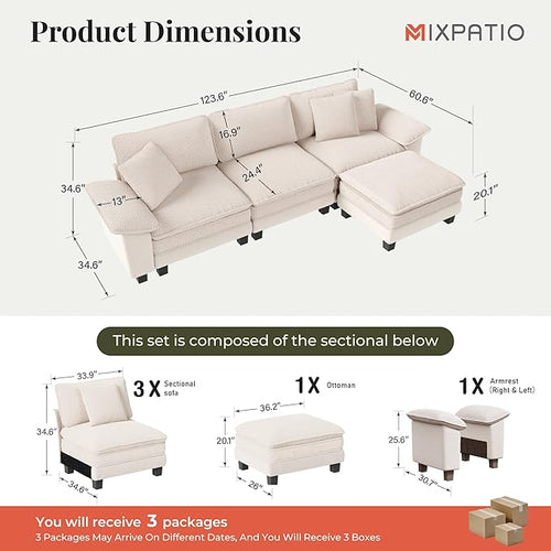 123-Inch L Shaped Sectional Sofa with Cloud Cushions, Deep Seat Modular Couch Set w/ 4 Seats & 1 Ottomans, Plush Chenille & Corduroy Upholstery for Living Room, Apartment - Beige