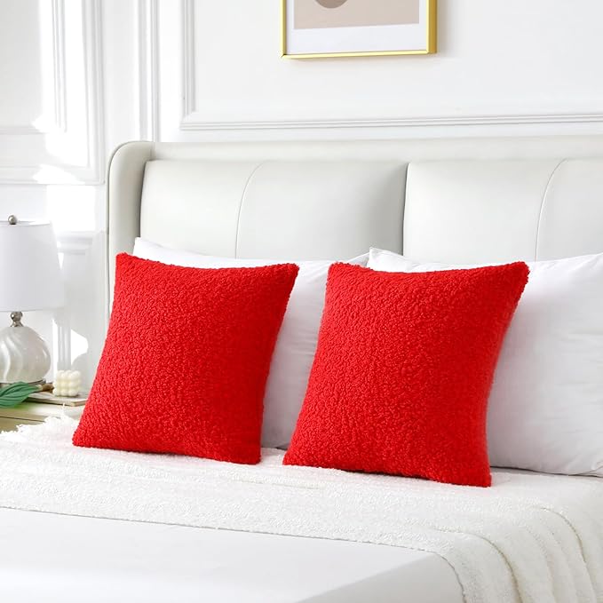 FUTEI Christmas Red Throw Pillow Covers 18x18 Inch Set of 2,Furry Faux Fur Teddy Boucle Textured Cushion Covers,Soft Fluffy Decorative Pillow Case,Home Decor for Couch Bed Living Room Office Car
