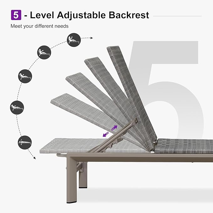 PURPLE LEAF Patio Chaise Lounge Rattan Chair Outdoor Pool Adjustable Recliner Wicker Lounger for Outside Woven Furniture Tanning Poolside Lounger Granite Gray