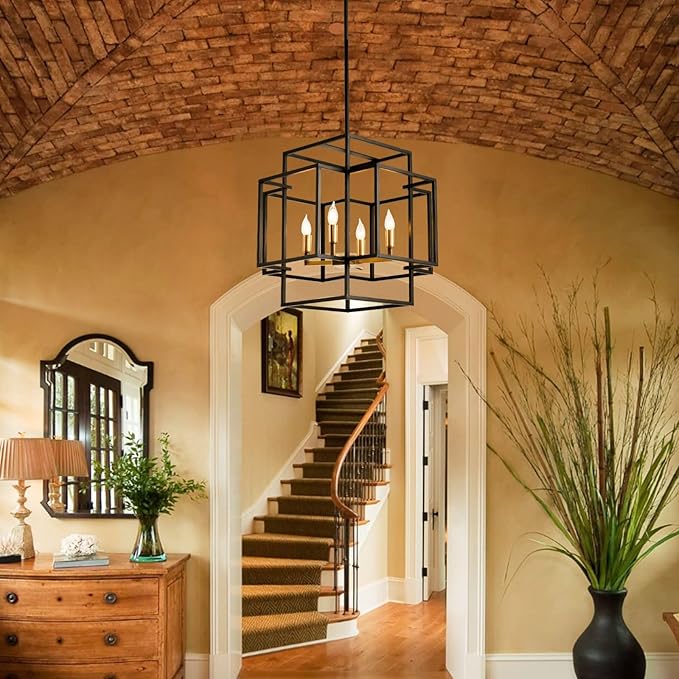 WJShome High Ceiling Foyer Chandelier: 4-Light Farmhouse Lantern Chandeliers for Entryway Industrial Large Pendant Light Fixtures for Entry Staircase Hallway Dining Room Kitchen Island, Black & Gold