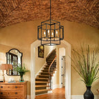 WJShome High Ceiling Foyer Chandelier: 4-Light Farmhouse Lantern Chandeliers for Entryway Industrial Large Pendant Light Fixtures for Entry Staircase Hallway Dining Room Kitchen Island, Black & Gold