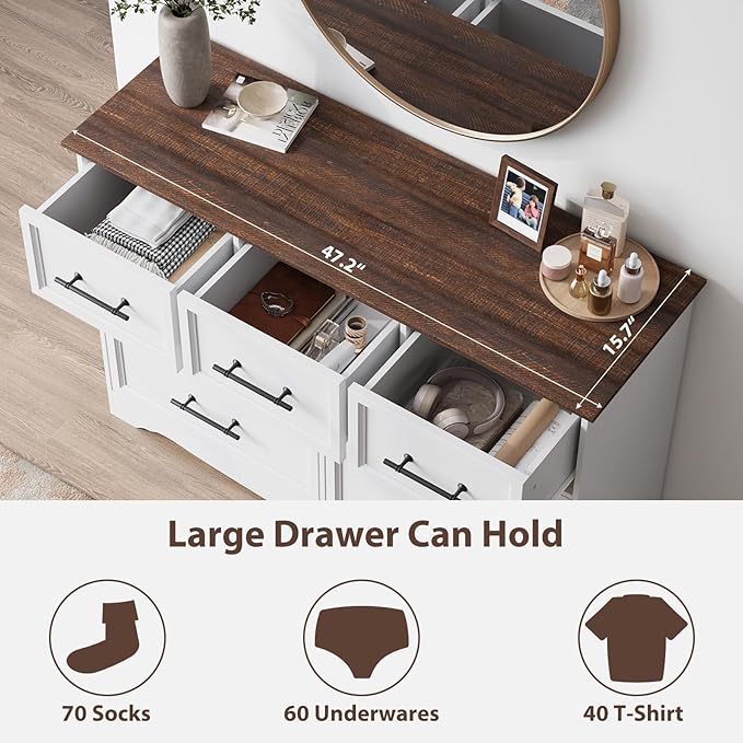 White Farmhouse Dresser for Bedroom, Modern 7 Chest of Drawers, 47" Wide Chest of Drawers w/Brushed Metal Handle, Wood Dresser TV Stand and Storage Cabinet for Bedroom, Living Room, Hallway