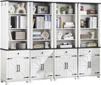 72in Tall Bookshelf 7 Tier Bookcase with Drawer and Barn Doors and Adjustable Shelves, White Farmhouse Book Shelf with Storage Cabinet, Wood Freestanding Display Bookshelves for Kitchen (4PCS)