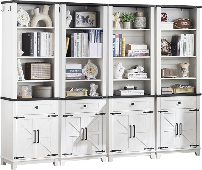 72in Tall Bookshelf 7 Tier Bookcase with Drawer and Barn Doors and Adjustable Shelves, White Farmhouse Book Shelf with Storage Cabinet, Wood Freestanding Display Bookshelves for Kitchen (4PCS)