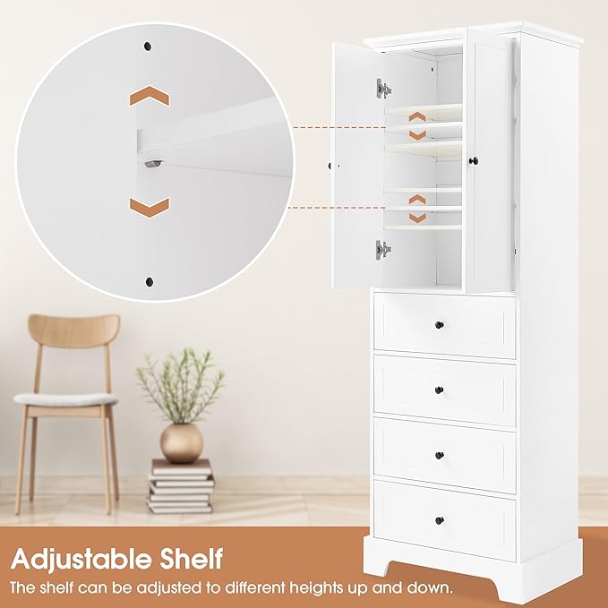 P PURLOVE Bathroom Storage Cabinet with 2 Doors and 4 Drawers,Tall Bathroom Cabinet Standing,Wood Freestanding Bathroom Cabinet for Kitchen,Living Room,White