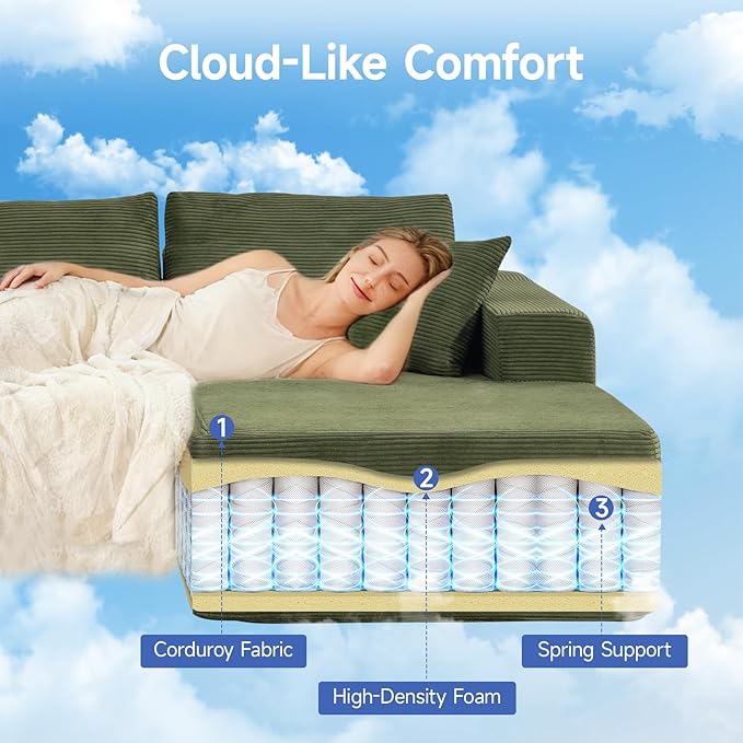 2025 New 108" Cloud Couch Sectional, Modular Sectional Sofa with L-Shaped Chaise, Deep Seat Sectional Modular Couch for Living Room, No Assembly Required (Green, Right Facing Chaise)