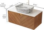 Floating Bathroom Vanity with Sink, 36 Inch Fluted Vanity with Vessel Sink, Modern Bathroom Vanity Cabinet with 2 Doors, Oval Marble Vessel Ceramic Sink & Sintered Stone Top, Oak