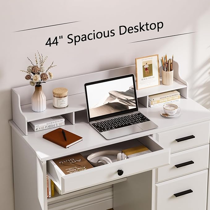 4 EVER WINNER White Desk with Drawers, Small Desk with File Drawer for Small Spaces, Writing Desk with Monitor Stand Wood Table for Study Home Office, White