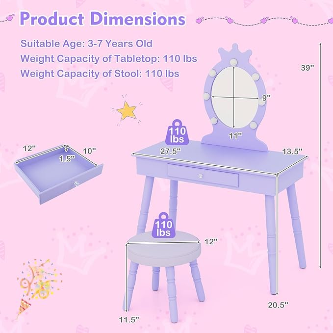 Costzon Kids Vanity, Girls Vanity Set with Mirror and Stool and Lights, Drawer, 2 in 1 Wooden Makeup Vanity Desk Dressing Table, Kids Vanity Table and Chair Set (Violet)