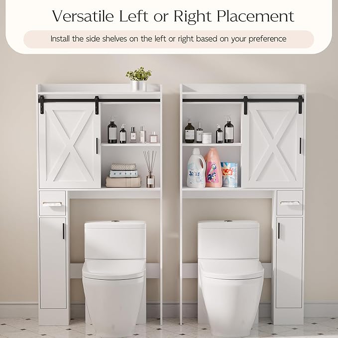 MU Over The Toilet Storage Cabinet with Doors, 32" Bathroom Storage Organizer with Side Shelves, Space-Saving Toilet Storage Rack for Bathroom, Laundry (Sliding Barn Door)