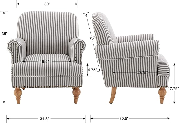 Mid Century Modern Accent Chairs Set of 2 Linen Fabric Armchair Wide Reading Chairs Upholstered Lounge Couch Chair for Bedroom/Living Room, Black Stripe