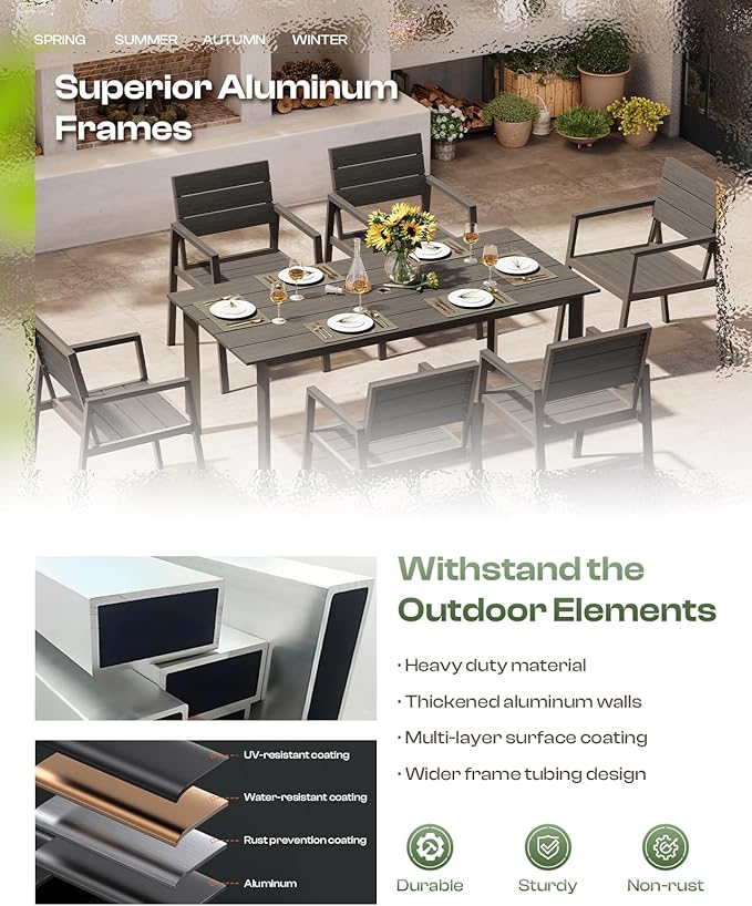 Aluminum Patio Dining Sets 5-Piece Outdoor Dining Sets with Umbrella Hole Wood-Like Table and Chairs, Outdoor Furniture Sets All Weather for Garden, Backyard, Lawn, and Poolside, Charcoal