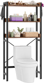 Over The Toilet Storage Rack - 3 Tier Bathroom Organizer with Shelves, Freestanding Space Saver Storage Rack Above Toilet Stand with 4 Hooks for Restroom, Laundry, Rustic Brown