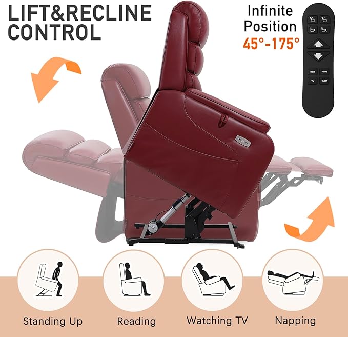 EONIX Wide Lay Flat Power Lift Recliner Chair for Elderly, Heavy Duty Oversized Breathable Faux Leather Lift Chairs Recliner Sofa with Heat and Massage and Charging Ports, Burgundy