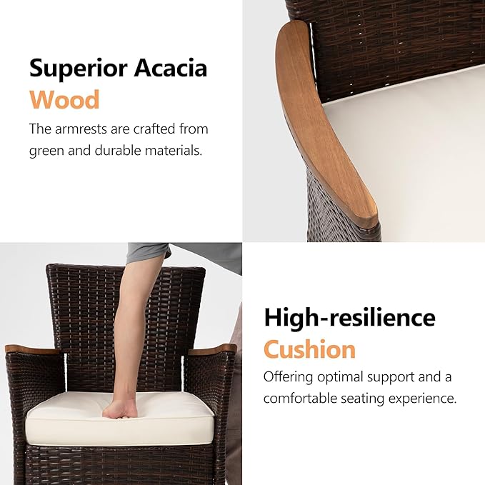 Wisteria Lane Patio Outdoor Table and Chairs Set, Rattan Outdoor Patio Furniture Set with Removable Cushions, Outdoor Patio Dining Sets with Acacia Wood Tabletop for Deck Garden Backyard, Brown