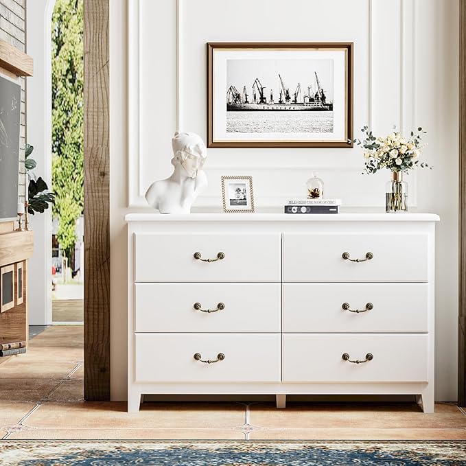 White Dresser, Modern 6 Drawer Double Dresser for Bedroom Adults & Kids with Vintage Gold Handles, Wide Dressers & Chests of Drawers, 6 Drawer Dressers for Hallway, Antique White