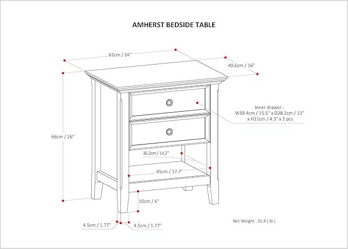 SIMPLIHOME Amherst Bedside Table - 24 inch Wide Solid Wood Nightstand Table in White, Transitional Bedroom Side or End Table with 2 Drawers, Open Storage Shelf and Bronze Hardware