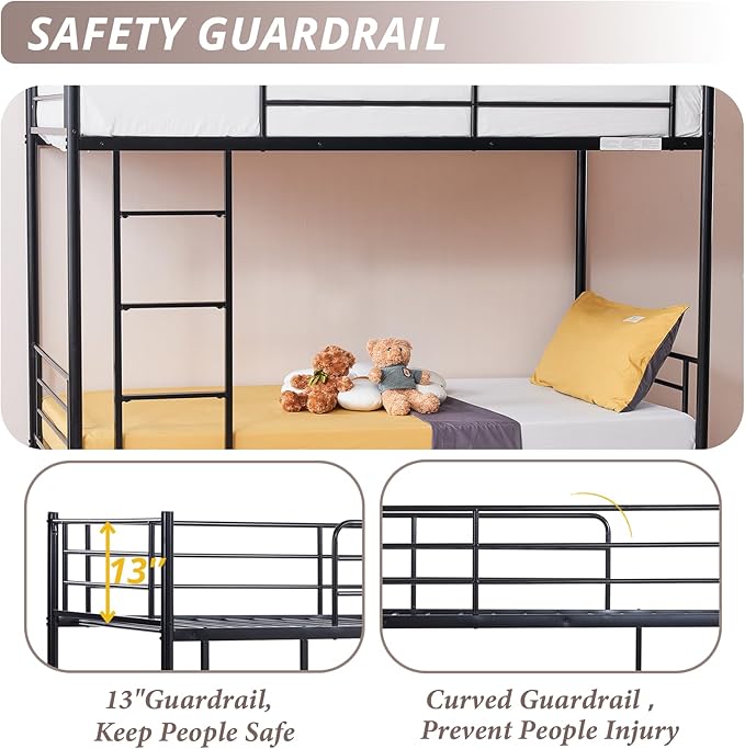 Karl home Black Bunk Bed Twin Over Twin, Metal Bunk Bed with Built-in Ladder and Safety Guardrail, Space-Saving Twin Bunk Beds for Kids, Teens & Adults, No Box Spring