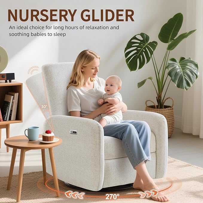 Power Recliner Chair, Swivel Rocker Recliner with USB A/C Charging Ports & Smooth Swivel Motion, Chenille Upholstered Rocking Chair for Nursery,Living Room, Bedroom, 1PC, Cream