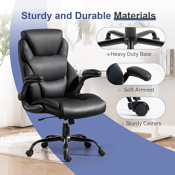 Brage Living 400LBS Big and Tall Office Chair, Leather Executive Desk Chair with Padded Flip-up Arms, Heavy Duty Swivel Rolling Computer Chair for Home Office, Black, Set of 2