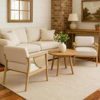 Mid Century Modern Accent Chair Set of 2, Rattan Armchair with Wood Legs Living Room Chair Linen Upholstered Lounge Chair for Bedroom Reading Room, Beige