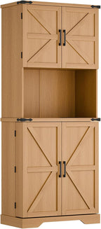 Cozy Castle 74" Farmhouse Pantry Cabinet with Charging Station, Tall Kitchen Storage Hutch Cabinet Coffee Bar Workstation, Sideboard Buffet Cupboard for Dining Room Living Room Furniture, Oak