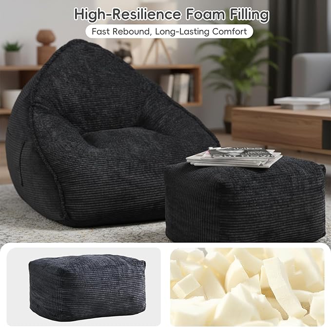 Cloud Bean Bag Chair with Ottoman for Adults, Comfy Corduroy Chaise Lounge Chair with High-Resilience Foam, Oversized Boneless Reading Chair for Bedroom & Living Room Black