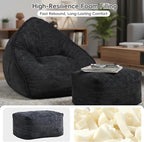 Cloud Bean Bag Chair with Ottoman for Adults, Comfy Corduroy Chaise Lounge Chair with High-Resilience Foam, Oversized Boneless Reading Chair for Bedroom & Living Room Black