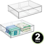 mDesign Wide Plastic Stackable Bathroom Storage Organizer Bin with Pull Out Drawer for Cabinet, Vanity, Shelf, Cupboard, Cabinet, Countertop, Closet Organization - Lumiere Collection - 2 Pack - Clear