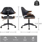 Art Leon Swivel Desk Chairs, Set of 2, Mid Century Modern Office Chairs with Wheels, Faux Leather Upholstered Armchairs, Adjustable Height Task Chairs with Metal Base, Walnut Bentwood, Black