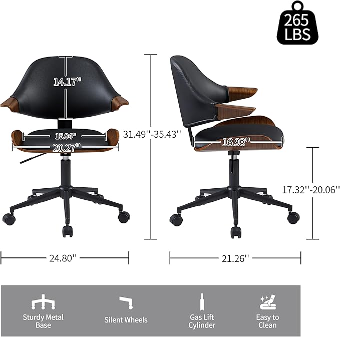 Art Leon Swivel Desk Chairs, Set of 2, Mid Century Modern Office Chairs with Wheels, Faux Leather Upholstered Armchairs, Adjustable Height Task Chairs with Metal Base, Walnut Bentwood, Black