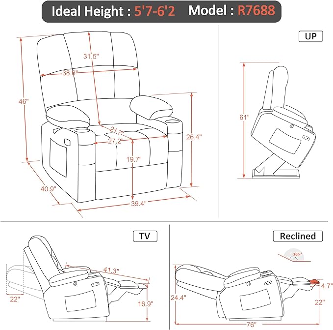 MCombo Oversized Dual Motor Power Lift Recliner Chair Sofa with Massage and Heat for Big Elderly People, Infinite Position, USB Ports, Fabric R7688 (Beige, Large-Oversize)