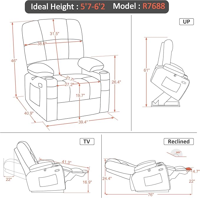 MCombo Oversized Dual Motor Power Lift Recliner Chair Sofa with Massage and Heat for Big Elderly People, Infinite Position, USB Ports, Fabric R7688 (Grey, Large-Oversize)