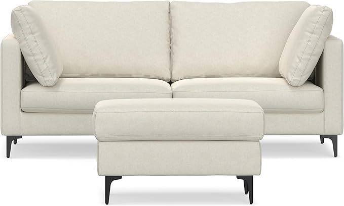 SIMPLIHOME Ava Sofa and Ottoman in 100% Recycled Polyester Performance Fabric, Cream, 76-inch-Wide 2-Seater Loveseat and Matching 36-inch-Wide Table Ottoman for Living Room, 2-Piece Set